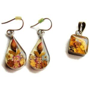 Vintage Sterling Silver 925 Translucent Floral Resin Pendant & Earrings Set